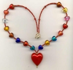 Large Red Heart and Multicolored "Baby" Hearts, Murano Glass Necklace